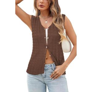 imageArachampampCloz Womens Sweater Vest Tops 2025 Summer Knit V Neck Cardigan Sleeveless Button Textured Business Casual OutfitsCoffee