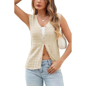 imageArachampampCloz Womens Sweater Vest Tops 2025 Summer Knit V Neck Cardigan Sleeveless Button Textured Business Casual OutfitsOffwhite