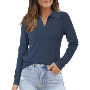 imageArachampampCloz Womens Wool Blend Summer Fall Tops Business Casual Polo Shirts 2025Long Sleevedark Blue