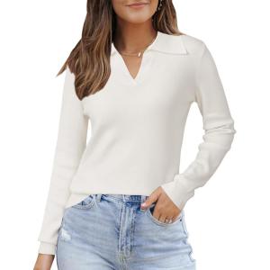 imageArachampampCloz Womens Wool Blend Summer Fall Tops Business Casual Polo Shirts 2025Long Sleeveoffwhite