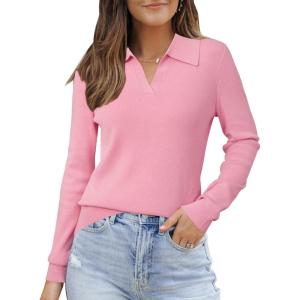 imageArachampampCloz Womens Wool Blend Summer Fall Tops Business Casual Polo Shirts 2025Long Sleevepink