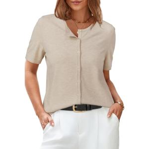 imageArachampampCloz Womens 2025 Summer Lightweight Cropped Cardigan Short Sleeve Crew Neck Bolero Shrug Casual TopApricot