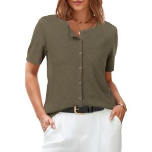 imageArachampampCloz Womens 2025 Summer Lightweight Cropped Cardigan Short Sleeve Crew Neck Bolero Shrug Casual TopCoffee