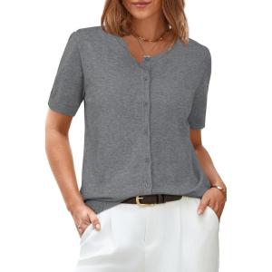imageArachampampCloz Womens 2025 Summer Lightweight Cropped Cardigan Short Sleeve Crew Neck Bolero Shrug Casual TopGrey