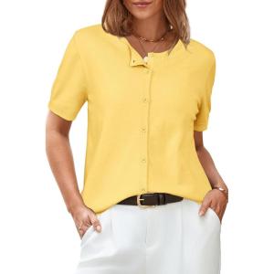 imageArachampampCloz Womens 2025 Summer Lightweight Cropped Cardigan Short Sleeve Crew Neck Bolero Shrug Casual TopYellow
