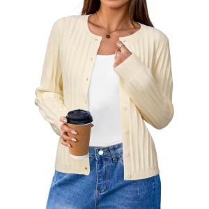 imageArachampampCloz Womens Wool Blend Puff Sleeve Fall Cable Knit Cardigan Sweaters 2025Beige
