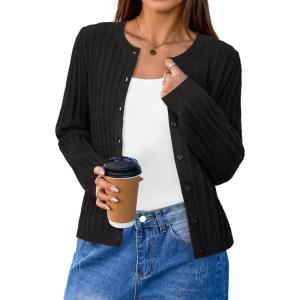 imageArachampampCloz Womens Wool Blend Puff Sleeve Fall Cable Knit Cardigan Sweaters 2025Black
