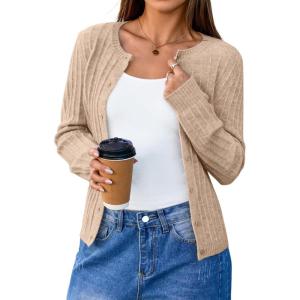 imageArachampampCloz Womens Wool Blend Puff Sleeve Fall Cable Knit Cardigan Sweaters 2025Camel