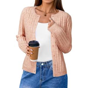 imageArachampampCloz Womens Wool Blend Puff Sleeve Fall Cable Knit Cardigan Sweaters 2025Pink