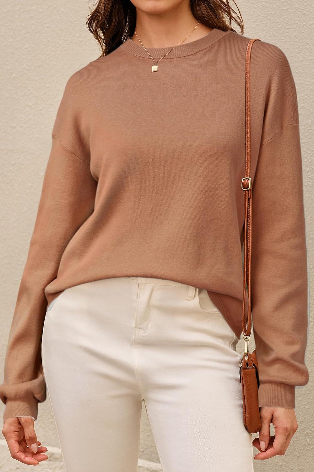 imageArachampampCloz Womens 100 Cotton Crew Neck Fall Casual Relaxed Fit Sweater Tops 2025Caramel