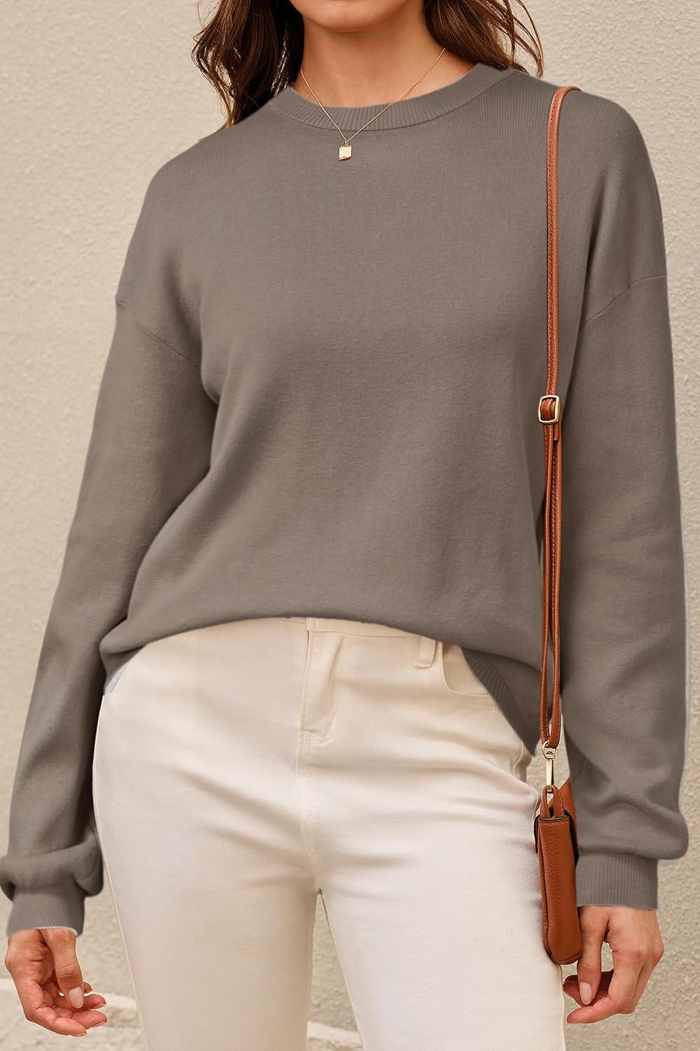 imageArachampampCloz Womens 100 Cotton Crew Neck Fall Casual Relaxed Fit Sweater Tops 2025Dark Coffee