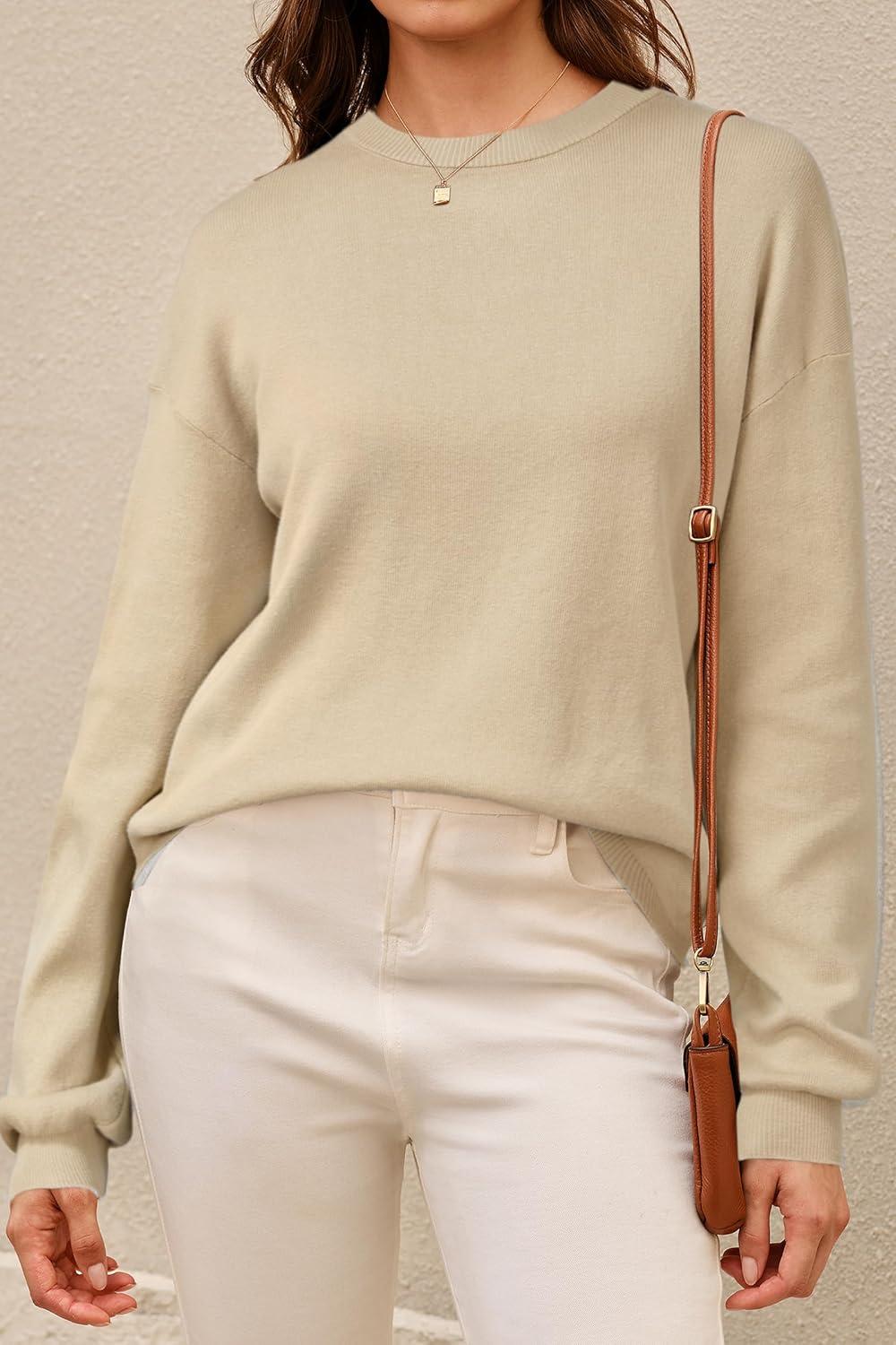 imageArachampampCloz Womens 100 Cotton Crew Neck Fall Casual Relaxed Fit Sweater Tops 2025Khaki