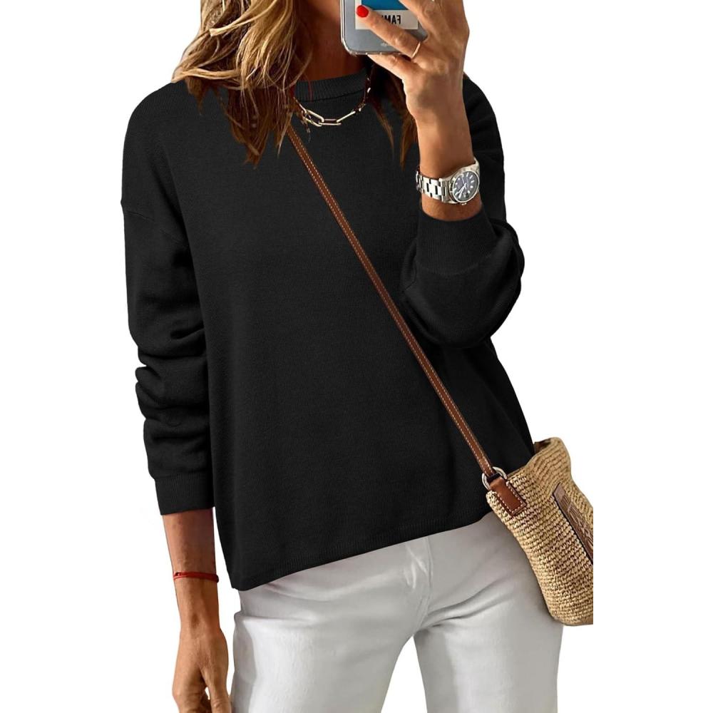 imageArachampampCloz Womens 100 Cotton Crew Neck Fall Casual Relaxed Fit Sweater Tops 2025Black
