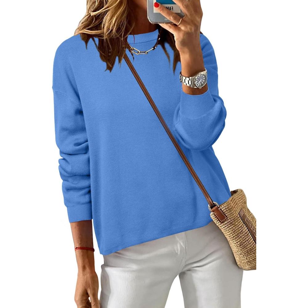 imageArachampampCloz Womens 100 Cotton Crew Neck Fall Casual Relaxed Fit Sweater Tops 2025Blue