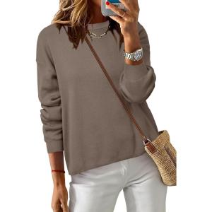 imageArachampampCloz Womens 100 Cotton Crew Neck Fall Casual Relaxed Fit Sweater Tops 2025Dark Coffee