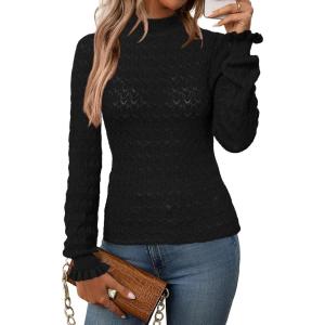 imageArachampampCloz Womens Silk Wool Blend Lace Mock Neck Slim Fitted Sweater Trendy 2025Black