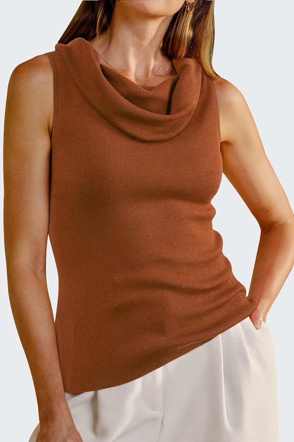imageArachampampCloz Womens Convertible Neckline OffShoulder Cowl Neck Slim Fit Tops 2025Caramel