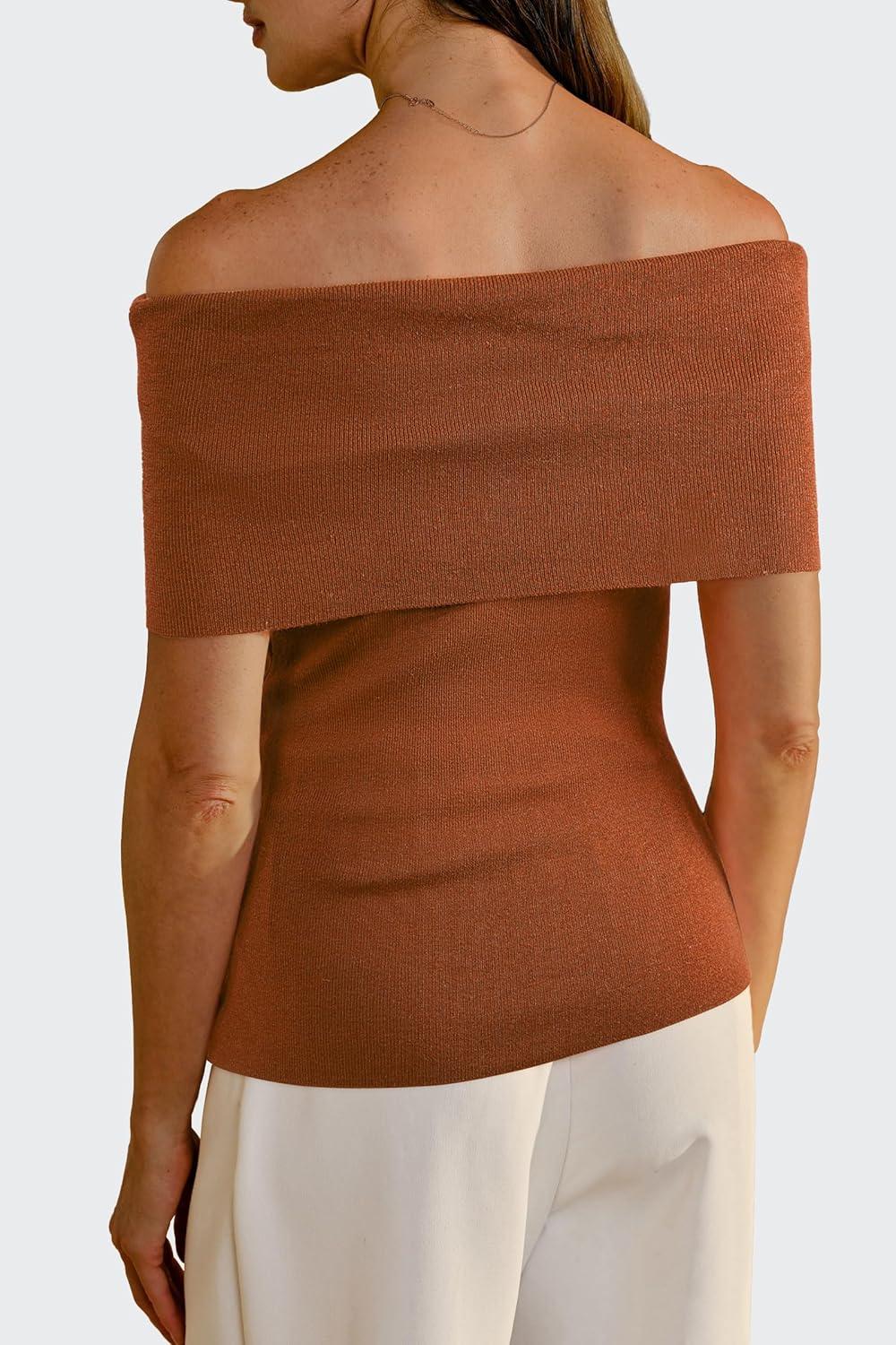 imageArachampampCloz Womens Convertible Neckline OffShoulder Cowl Neck Slim Fit Tops 2025Caramel