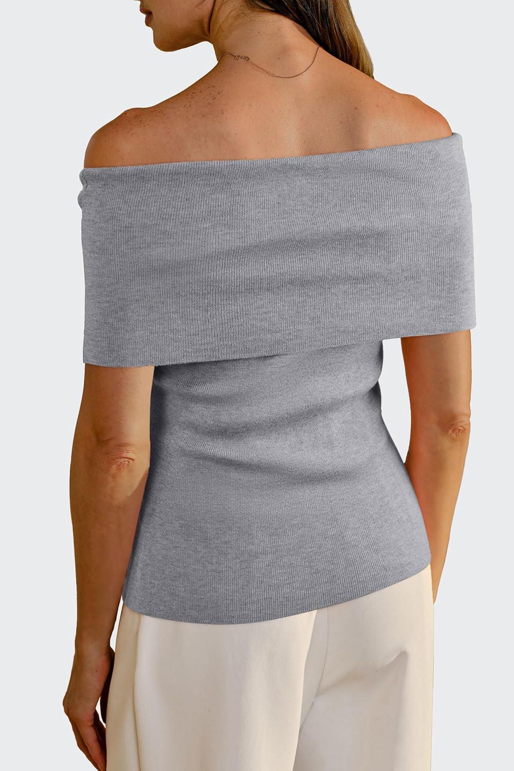 imageArachampampCloz Womens Convertible Neckline OffShoulder Cowl Neck Slim Fit Tops 2025Grey