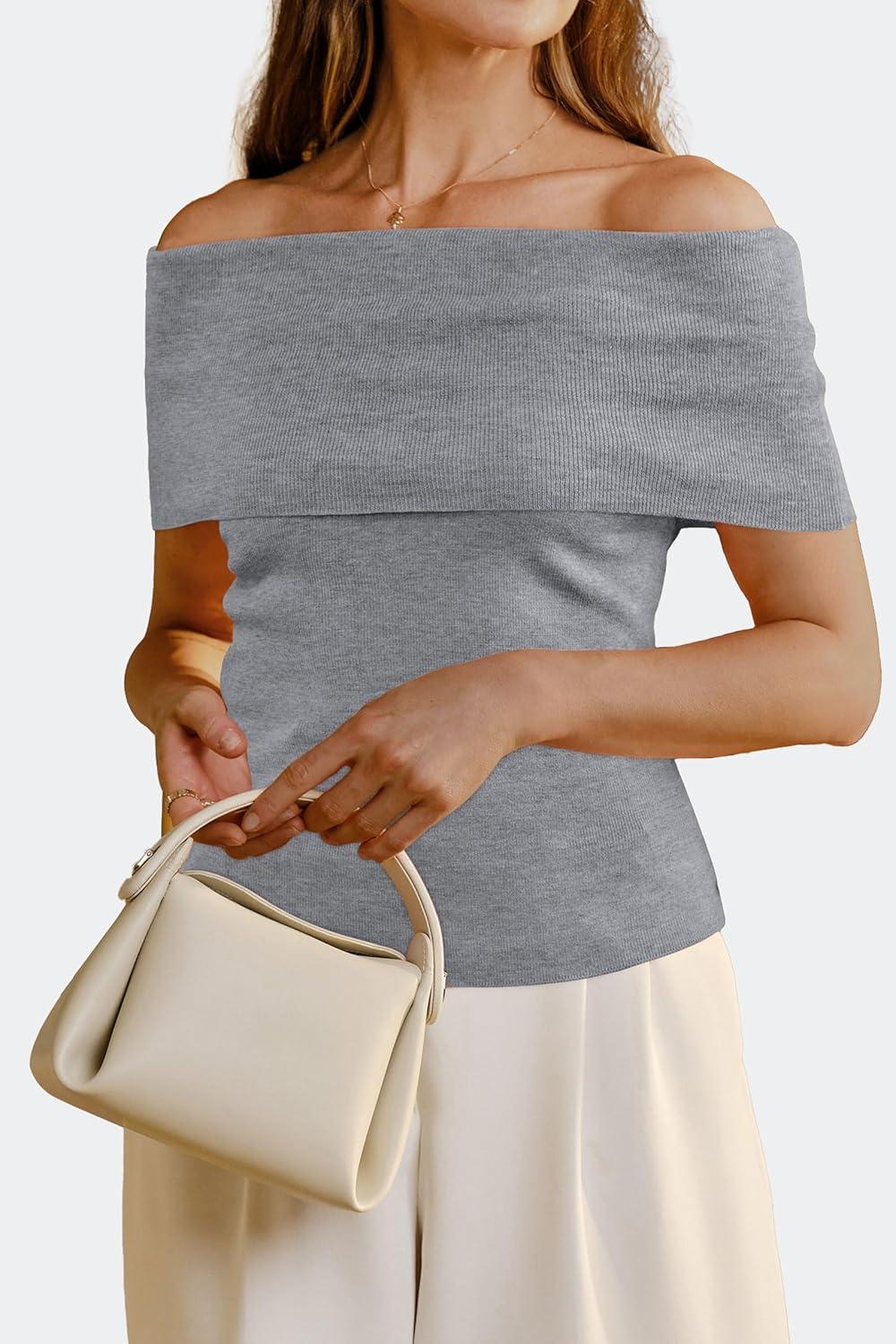 imageArachampampCloz Womens Convertible Neckline OffShoulder Cowl Neck Slim Fit Tops 2025Grey