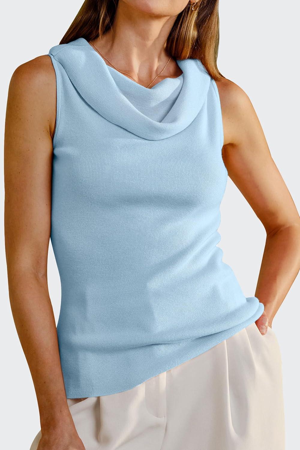 imageArachampampCloz Womens Convertible Neckline OffShoulder Cowl Neck Slim Fit Tops 2025Light Blue