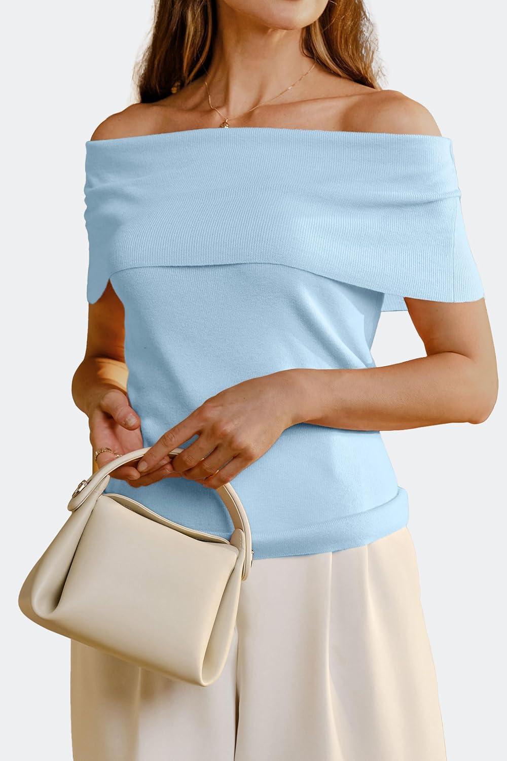 imageArachampampCloz Womens Convertible Neckline OffShoulder Cowl Neck Slim Fit Tops 2025Light Blue