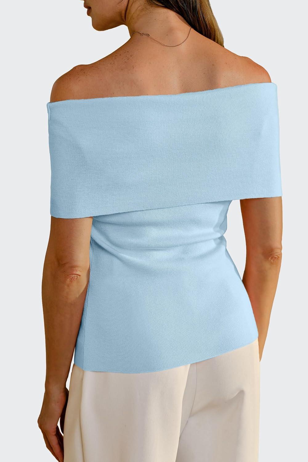 imageArachampampCloz Womens Convertible Neckline OffShoulder Cowl Neck Slim Fit Tops 2025Light Blue