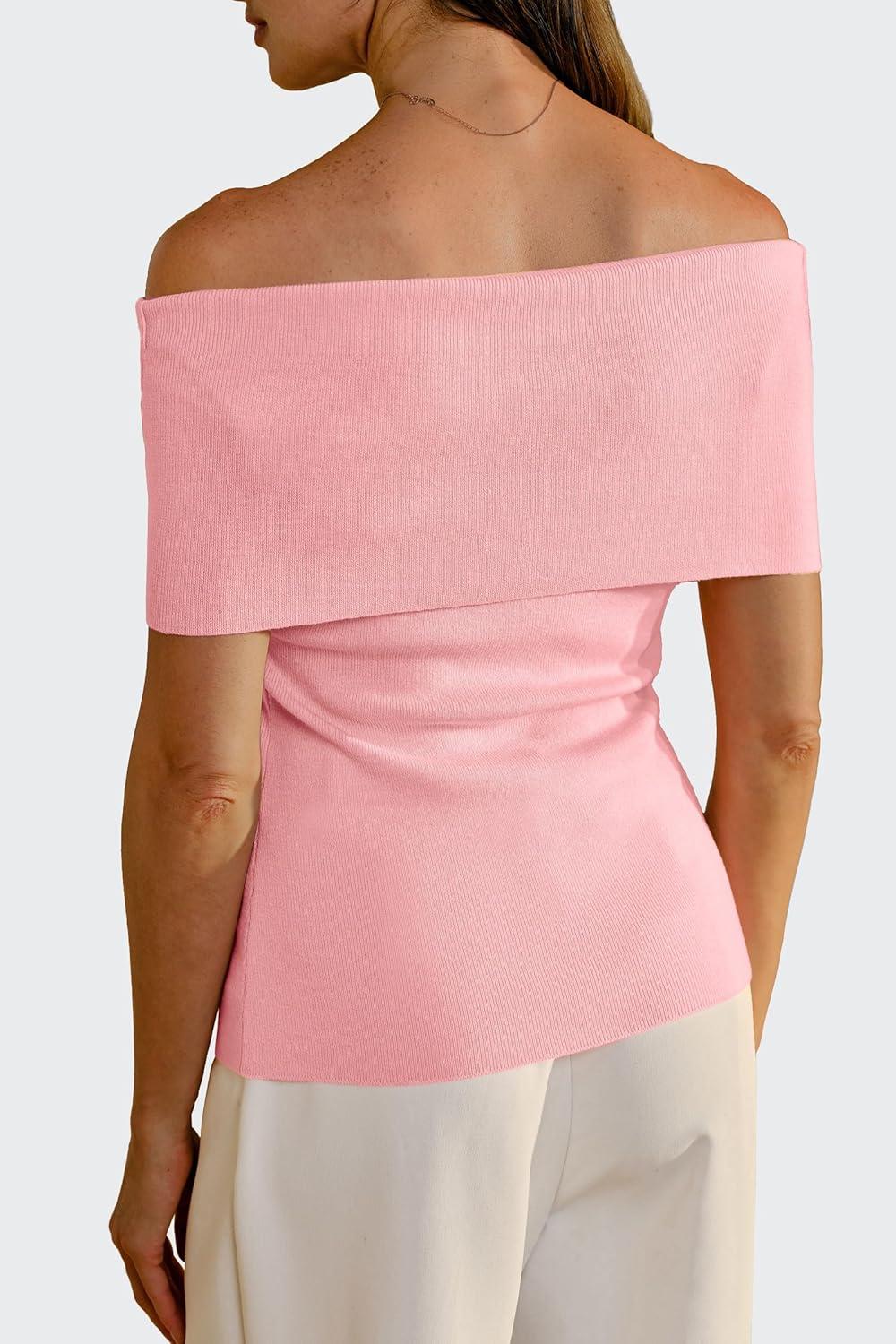 imageArachampampCloz Womens Convertible Neckline OffShoulder Cowl Neck Slim Fit Tops 2025Pink