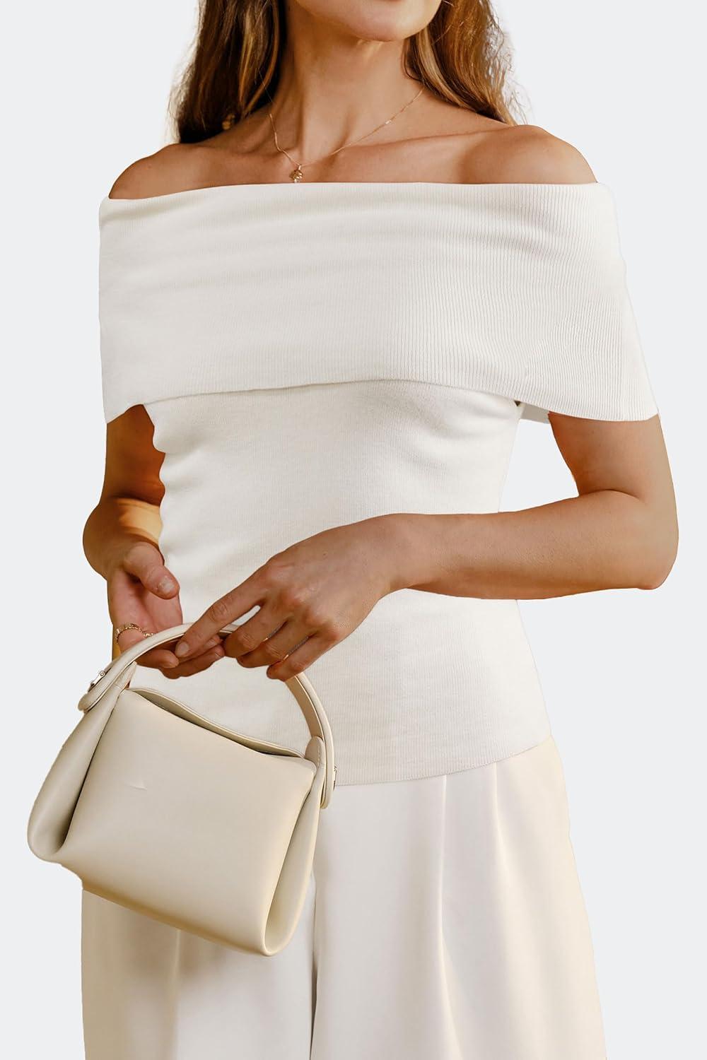 imageArachampampCloz Womens Convertible Neckline OffShoulder Cowl Neck Slim Fit Tops 2025White