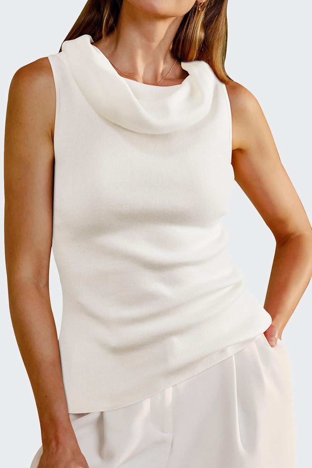 imageArachampampCloz Womens Convertible Neckline OffShoulder Cowl Neck Slim Fit Tops 2025White