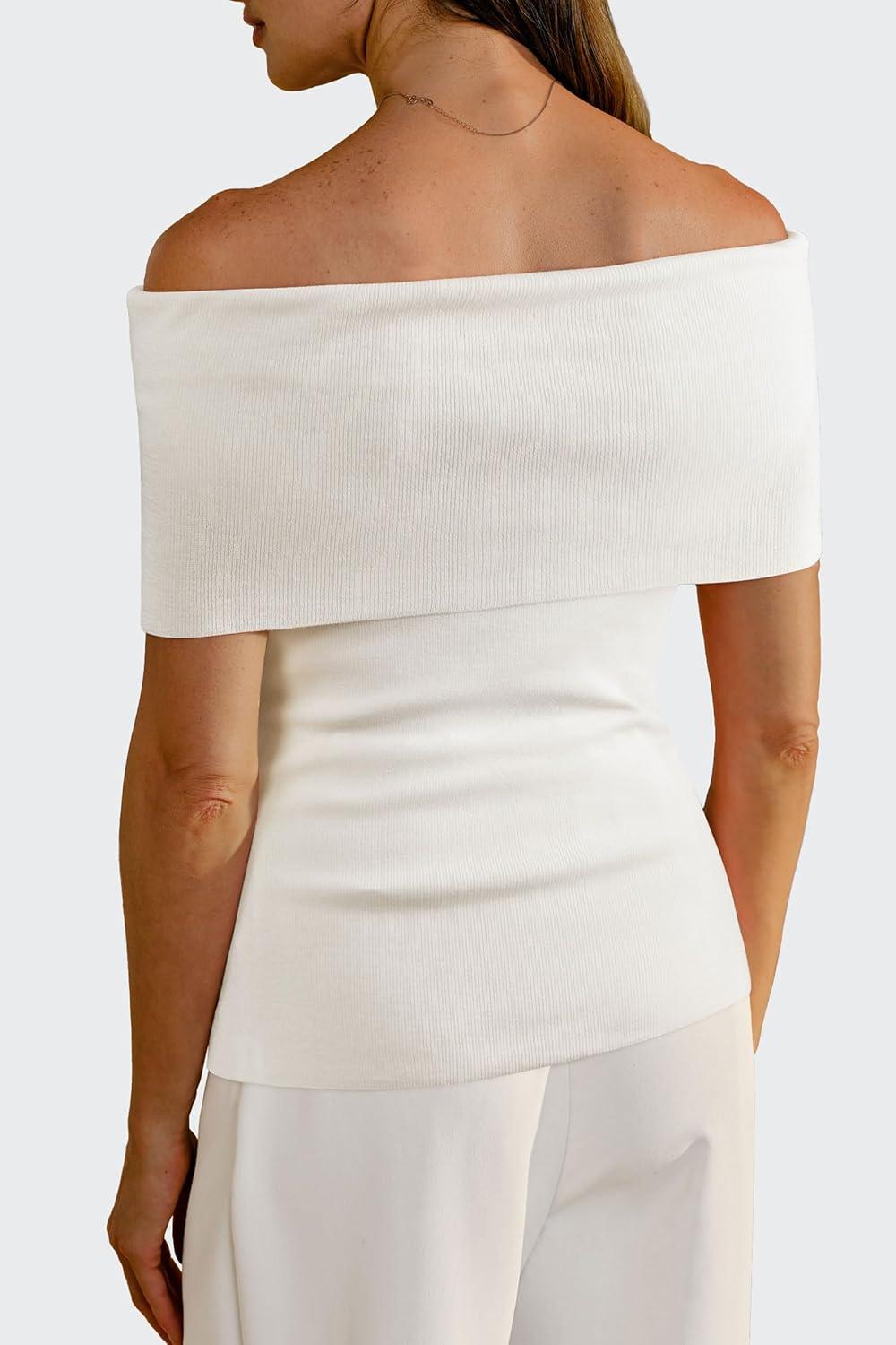 imageArachampampCloz Womens Convertible Neckline OffShoulder Cowl Neck Slim Fit Tops 2025White