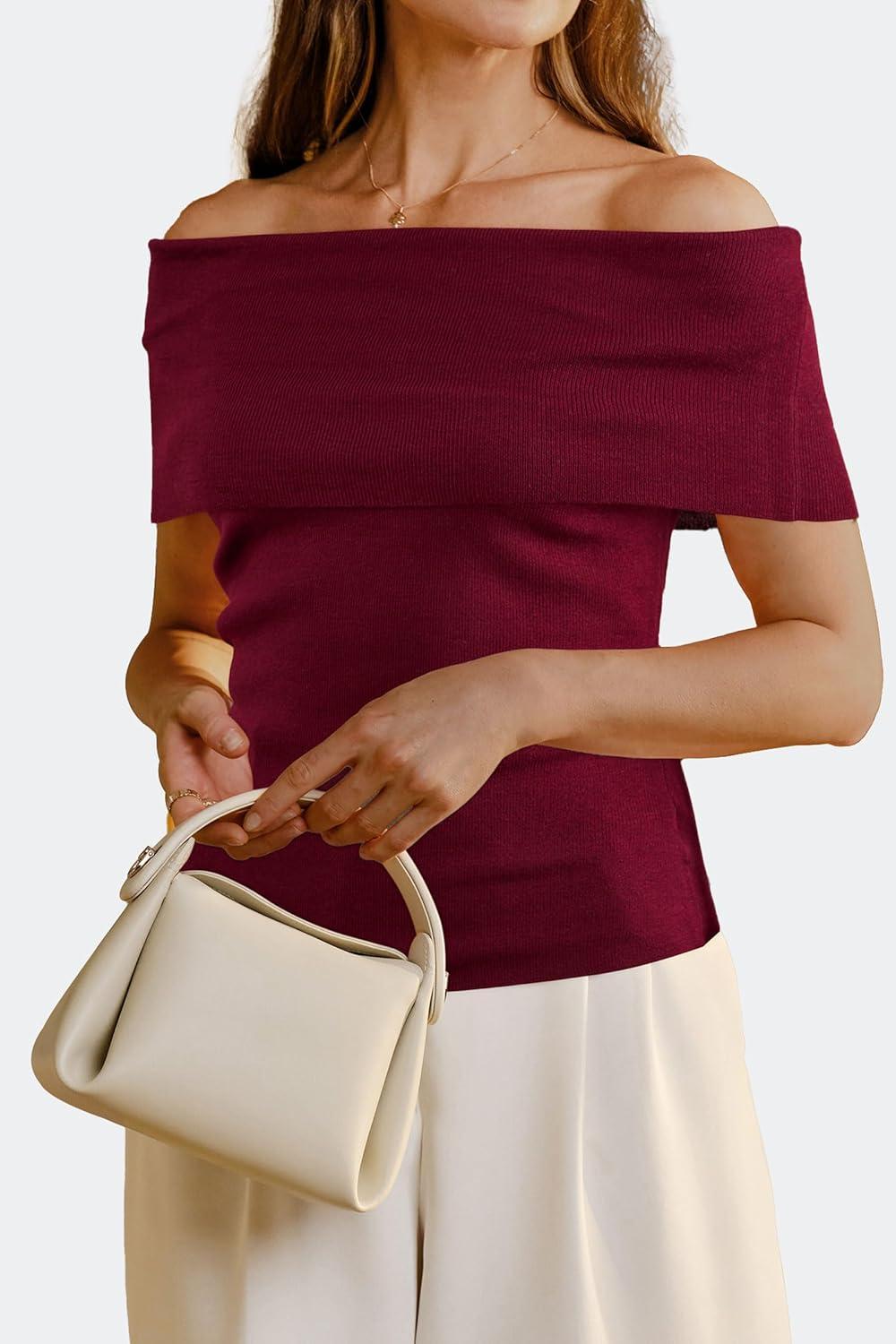 imageArachampampCloz Womens Convertible Neckline OffShoulder Cowl Neck Slim Fit Tops 2025Wine Red