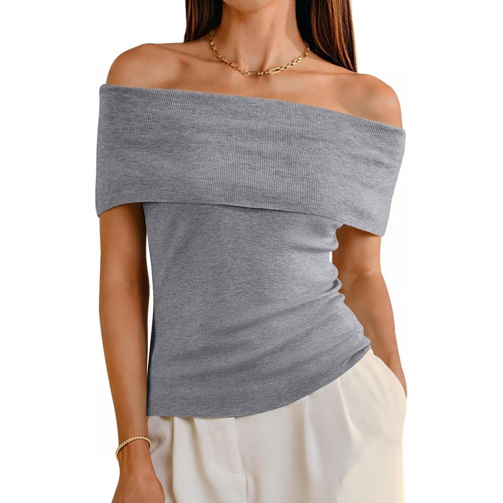 imageArachampampCloz Womens Convertible Neckline OffShoulder Cowl Neck Slim Fit Tops 2025Grey