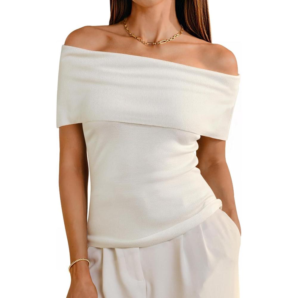 imageArachampampCloz Womens Convertible Neckline OffShoulder Cowl Neck Slim Fit Tops 2025White