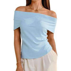 imageArachampampCloz Womens Convertible Neckline OffShoulder Cowl Neck Slim Fit Tops 2025Light Blue