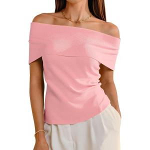 imageArachampampCloz Womens Convertible Neckline OffShoulder Cowl Neck Slim Fit Tops 2025Pink