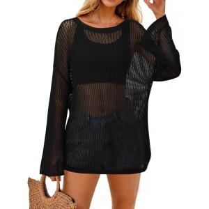 imageArachampampCloz Womens Linen Summer Fall Lightweight Crochet Tops Beach Cover Up 2025Black