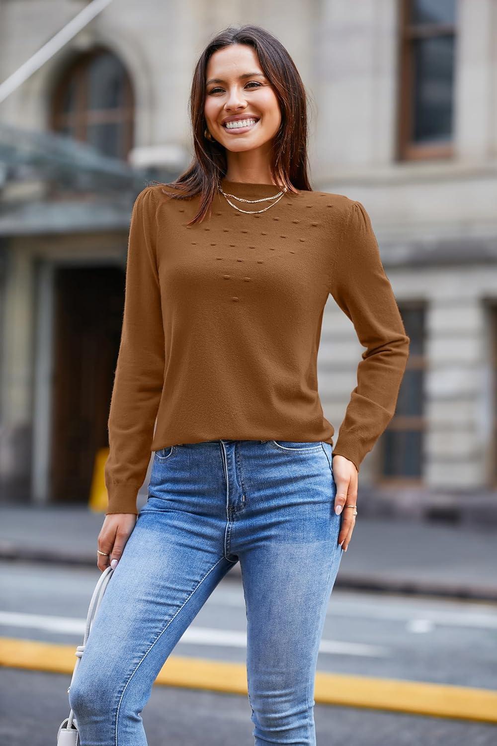 imageArachampampCloz 2024 Fall Sweaters Long Puff Sleeve Tops Crew Neck Special Dots Trendy Casual Lightweight Pullover Clothes OutfitsCamel