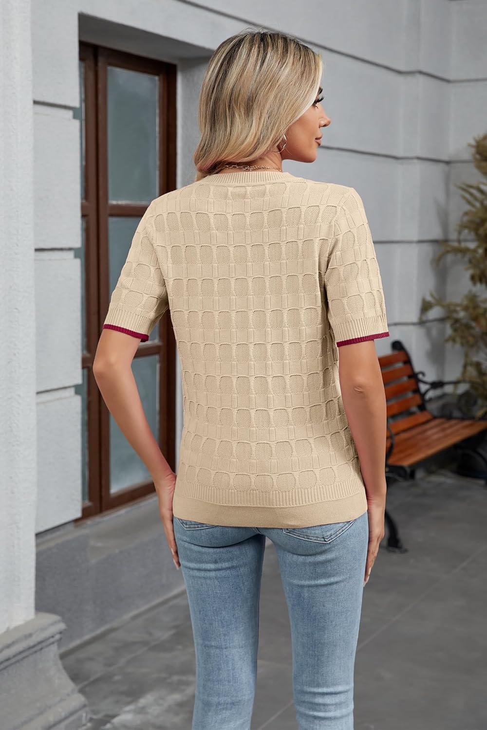 imageArachampampCloz Womens Summer Fall Lightweight Tops Short Sleeve Dressy BlouseApricot and Dark Red