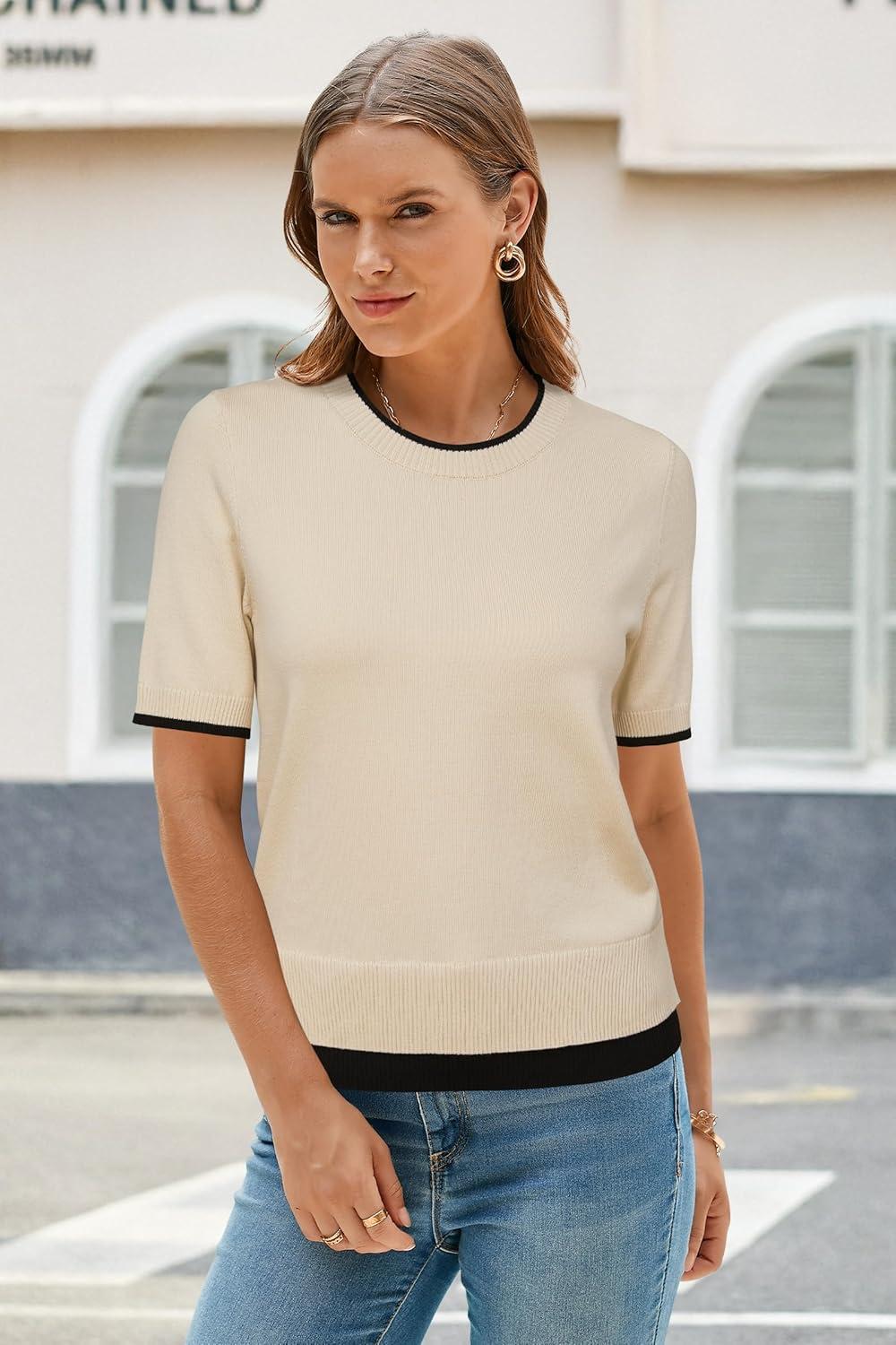 imageArachampampCloz Womens Summer Fall Lightweight Tops Short Sleeve Dressy BlouseApricotblack