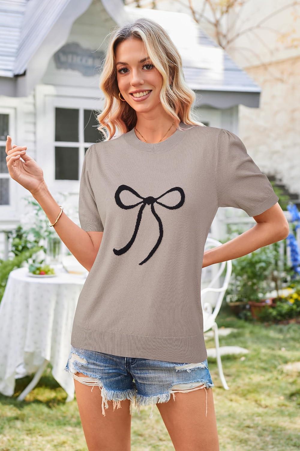 imageArachampampCloz Womens Summer Fall Lightweight Tops Short Sleeve Dressy BlouseApricotblack Bow