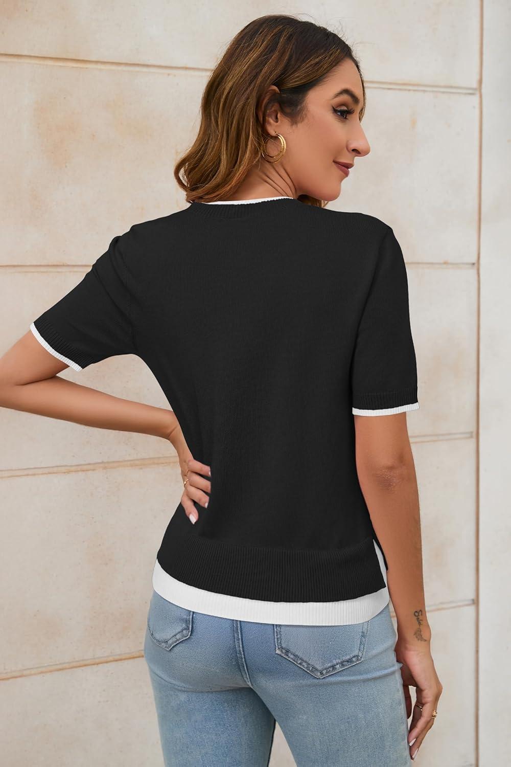 imageArachampampCloz Womens Summer Fall Lightweight Tops Short Sleeve Dressy BlouseBlackwhite