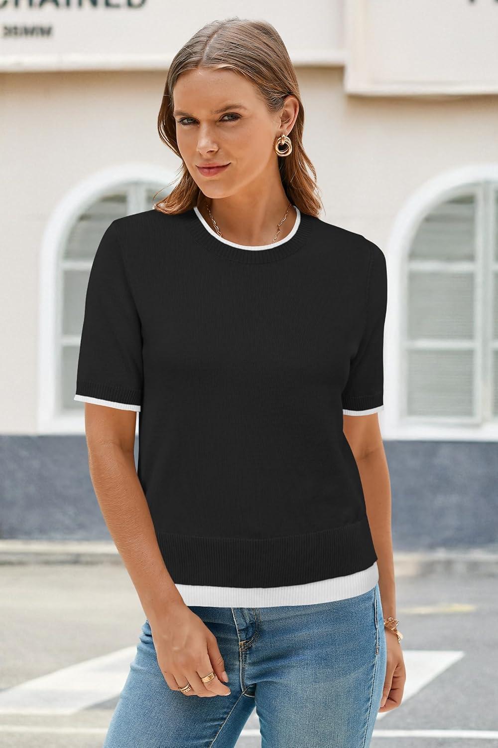 imageArachampampCloz Womens Summer Fall Lightweight Tops Short Sleeve Dressy BlouseBlackwhite