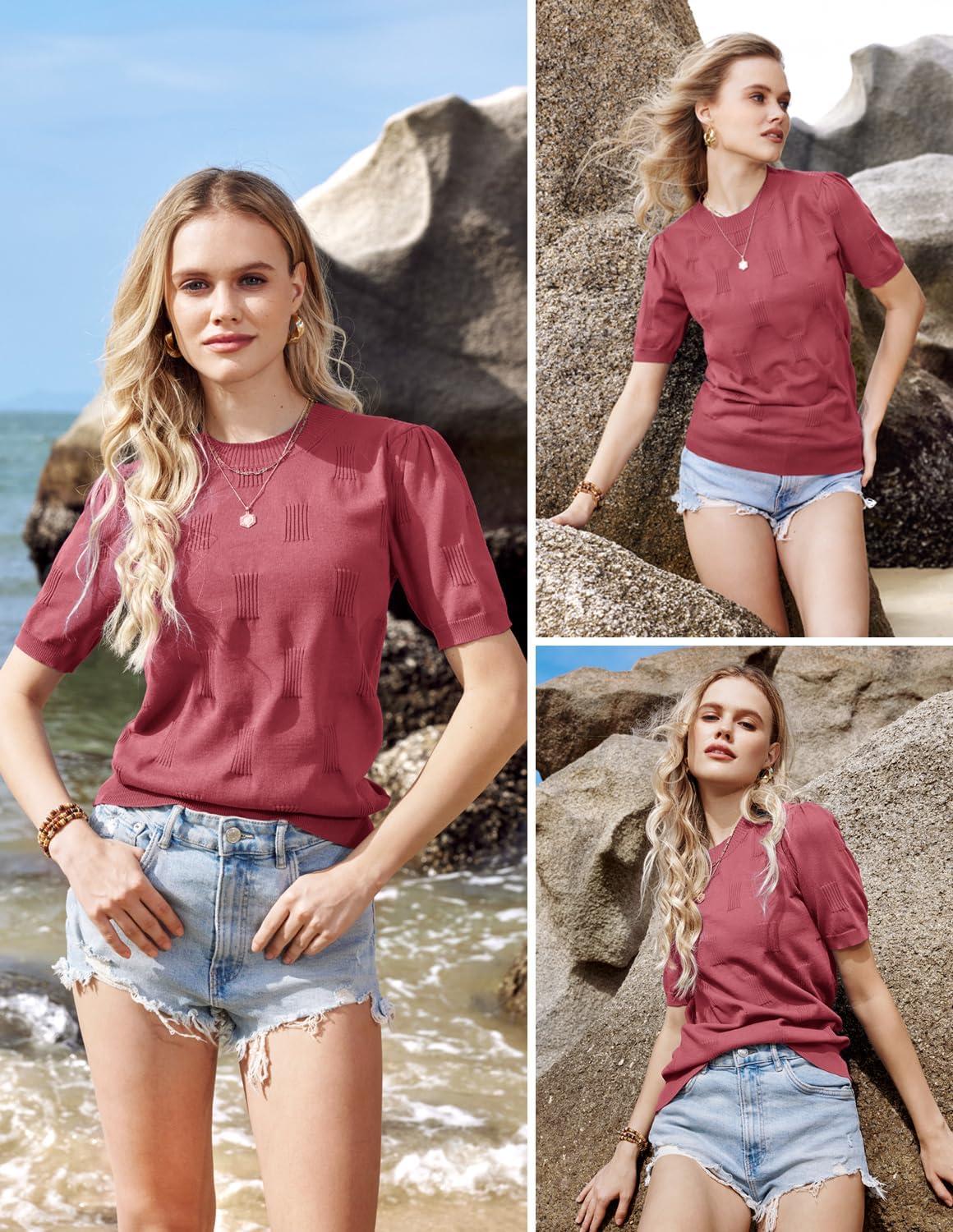 imageArachampampCloz Womens Summer Fall Lightweight Tops Short Sleeve Dressy BlouseDusty Red