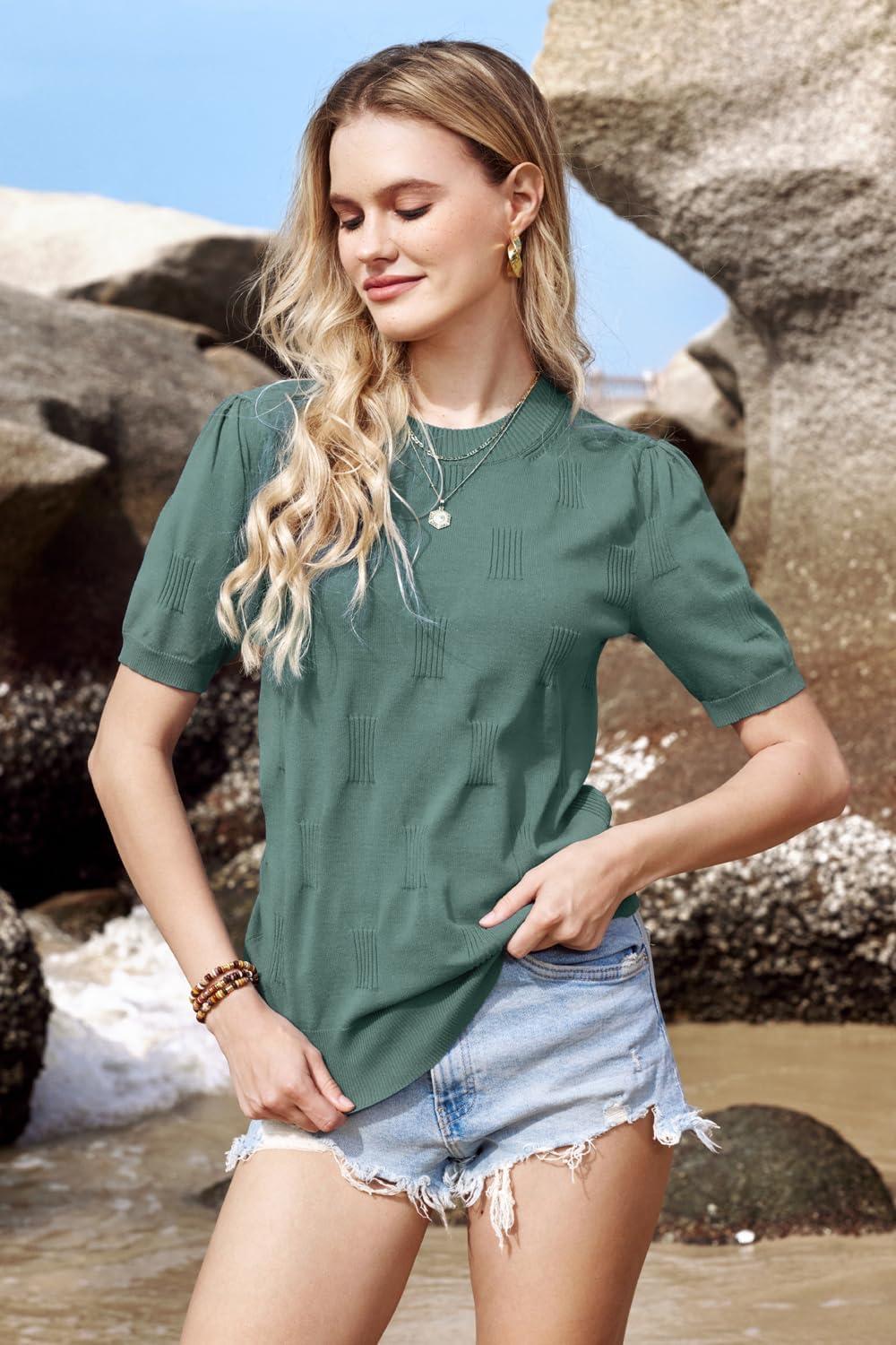 imageArachampampCloz Womens Summer Fall Lightweight Tops Short Sleeve Dressy BlouseGrey Green