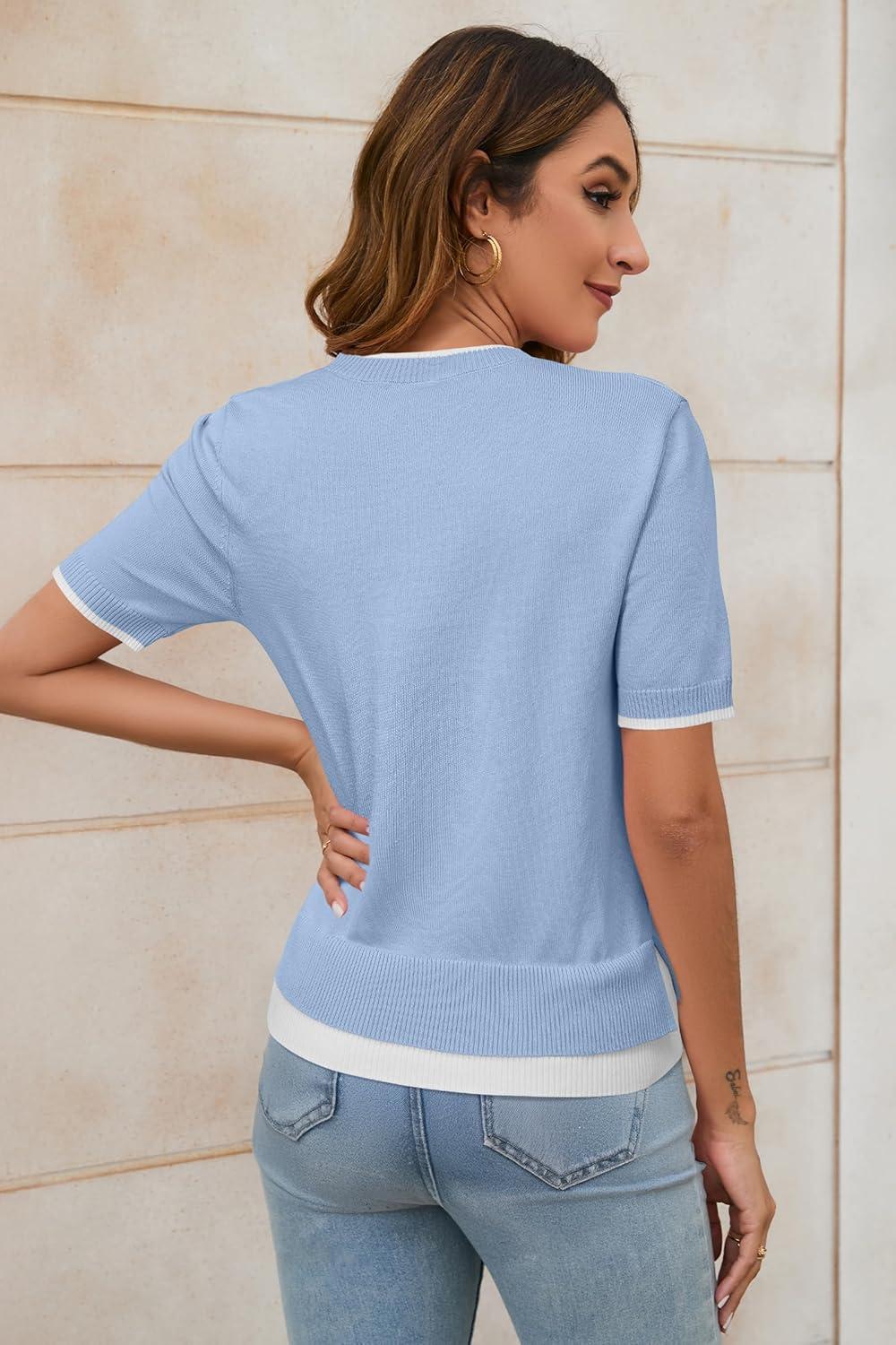 imageArachampampCloz Womens Summer Fall Lightweight Tops Short Sleeve Dressy BlouseLight Bluewhite