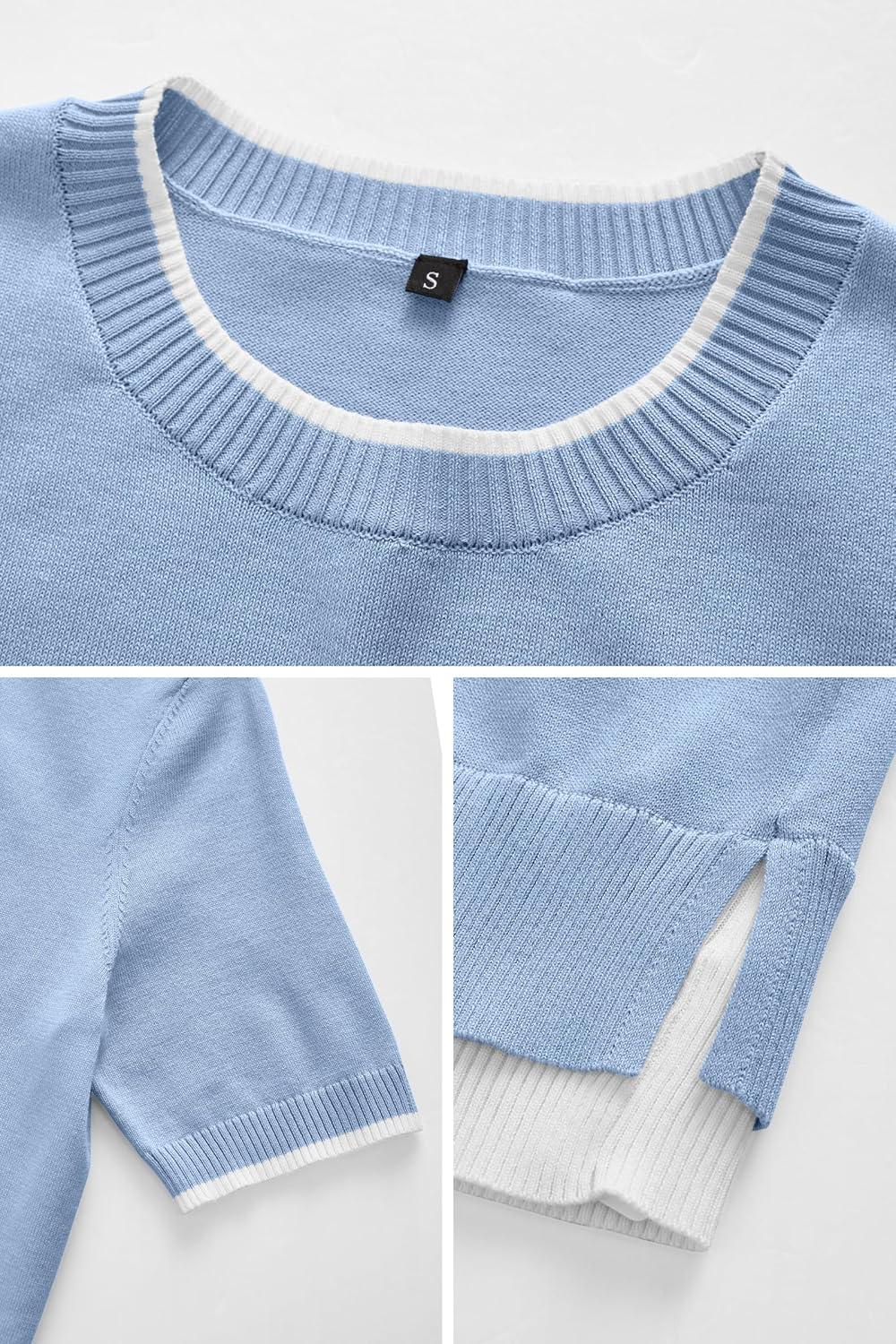 imageArachampampCloz Womens Summer Fall Lightweight Tops Short Sleeve Dressy BlouseLight Bluewhite