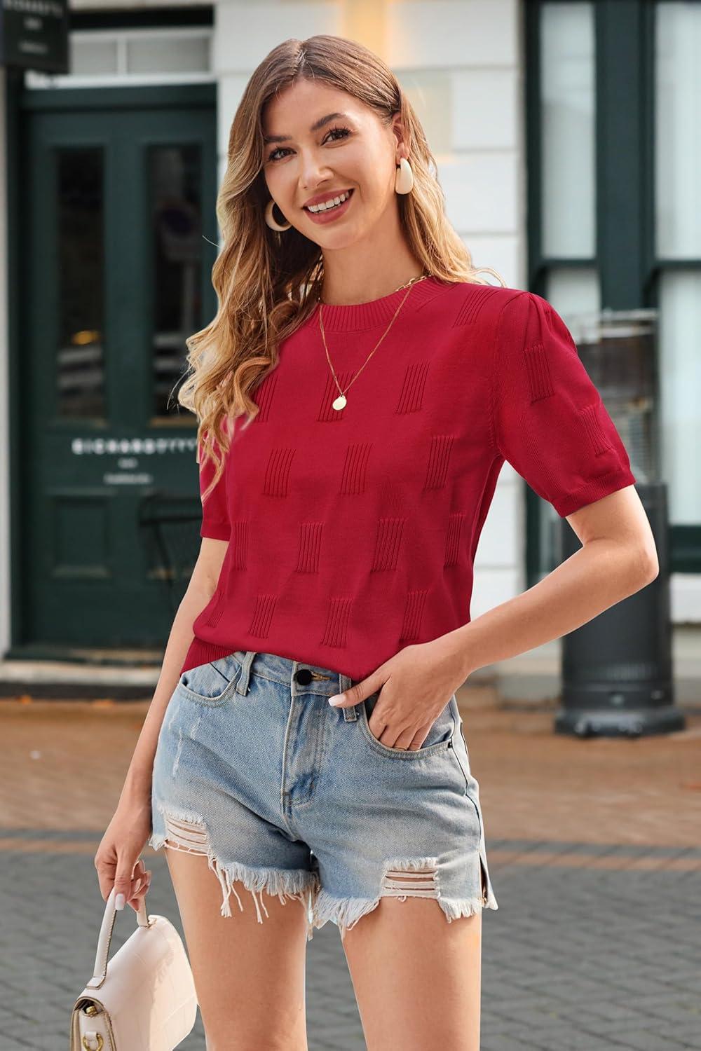 imageArachampampCloz Womens Summer Fall Lightweight Tops Short Sleeve Dressy BlouseRed