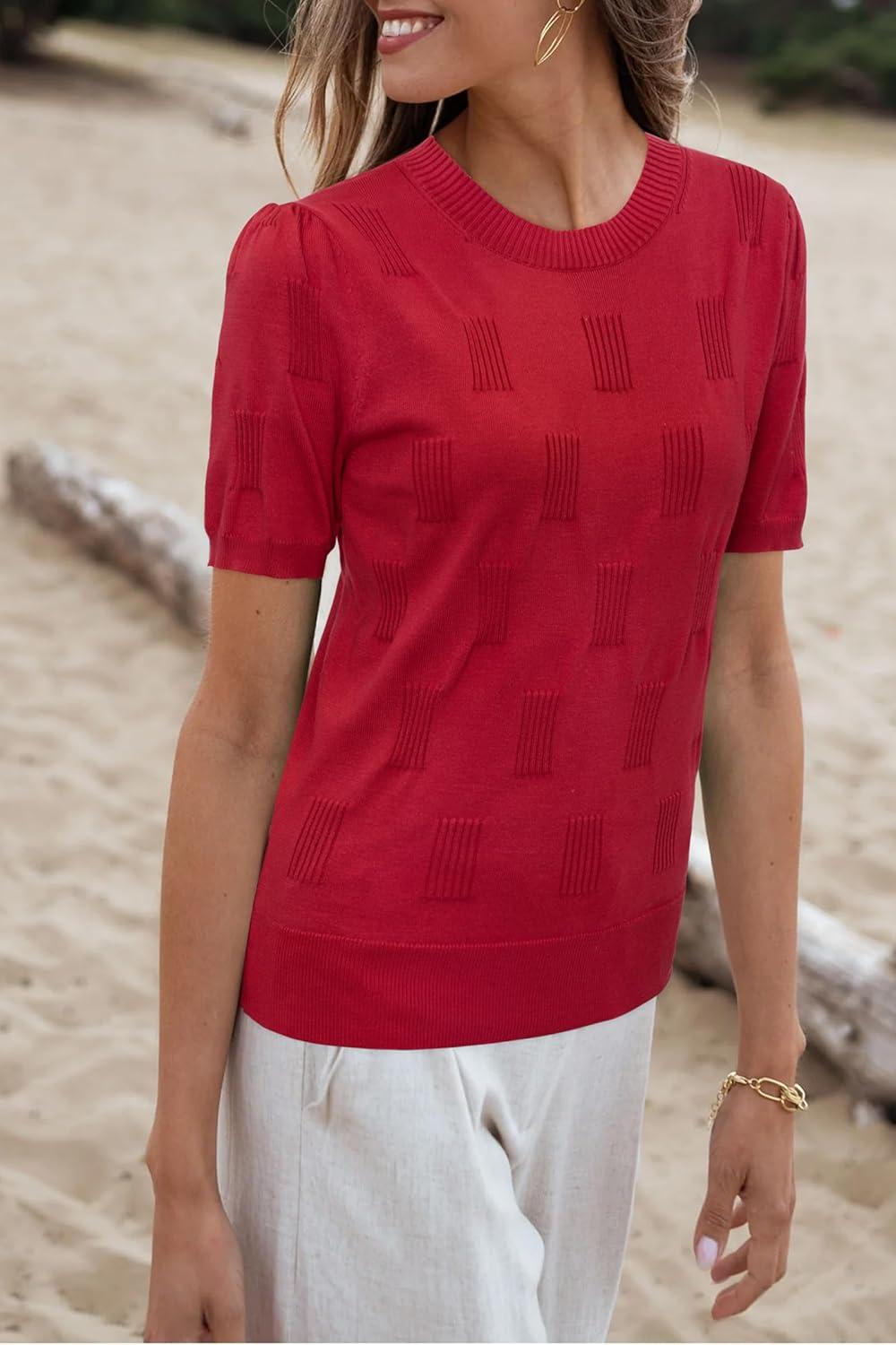 imageArachampampCloz Womens Summer Fall Lightweight Tops Short Sleeve Dressy BlouseRed