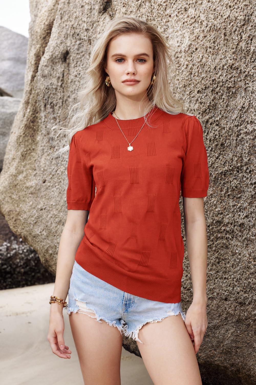 imageArachampampCloz Womens Summer Fall Lightweight Tops Short Sleeve Dressy BlouseRust